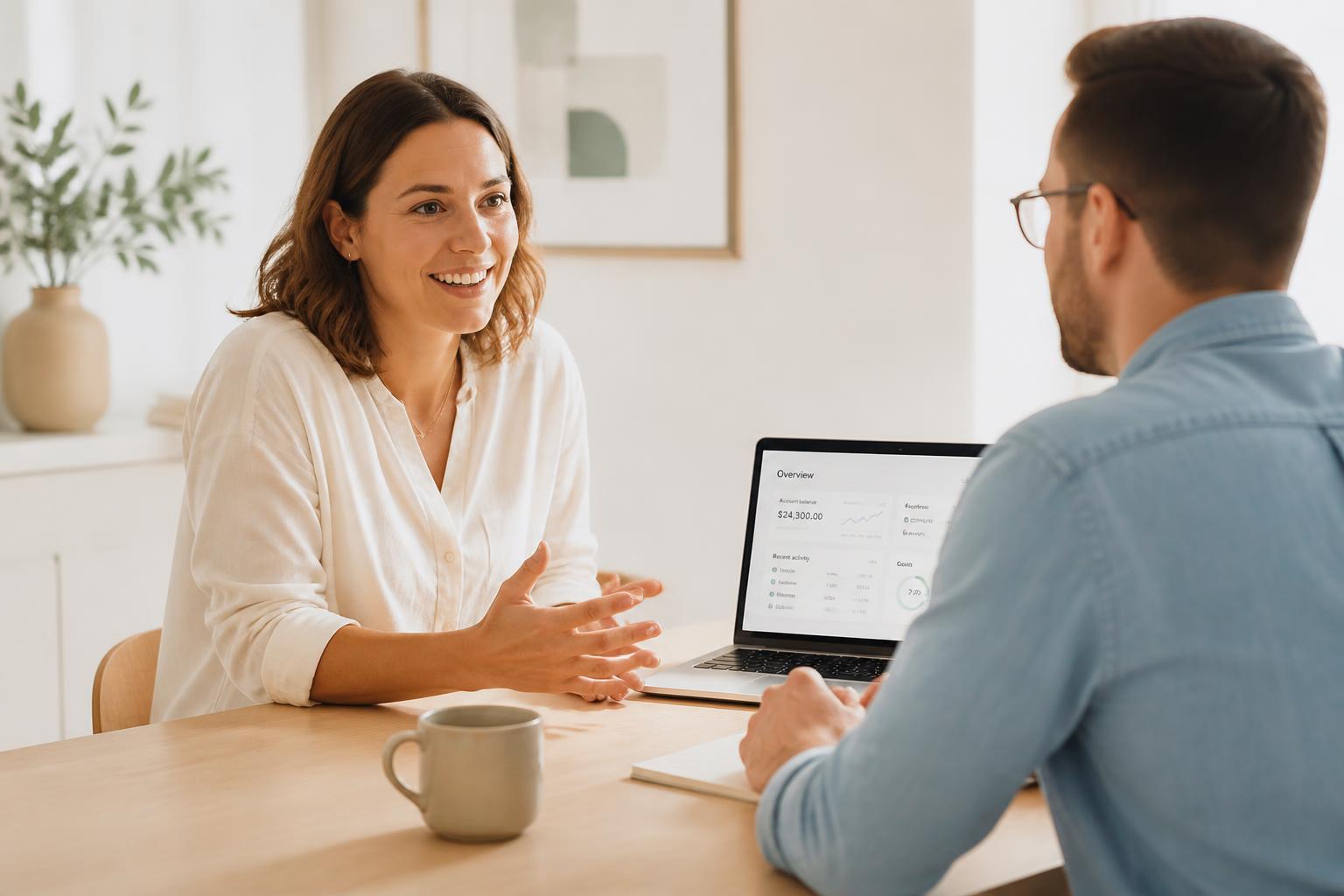Consultant discussing business strategy with a client beside a laptop dashboard
