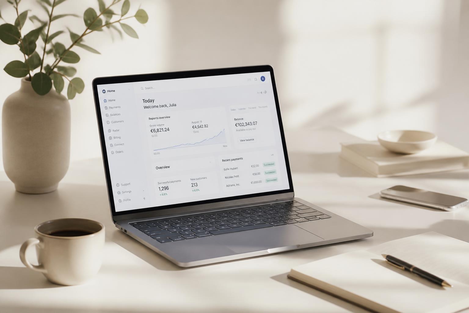 Clean workspace with a laptop dashboard, notebook, coffee and smartphone